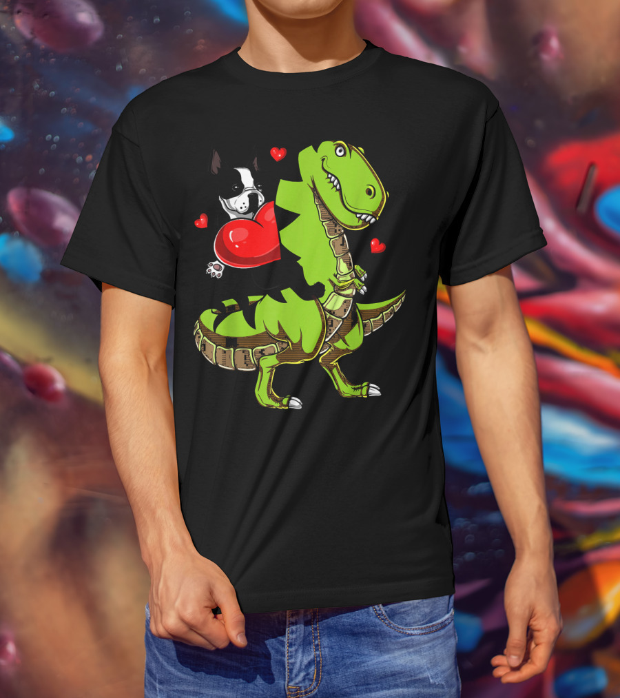 Boston Terrier With Red Hearts Riding A Green Rex Dinosaur T-Shirt
