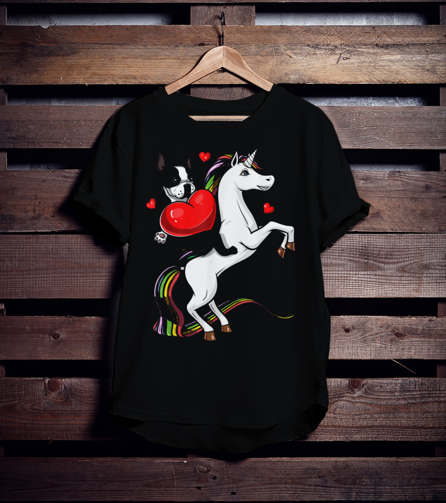 Boston Terrier Dog Holding Heart Riding Colorful Unicorn With Hearts T-Shirt