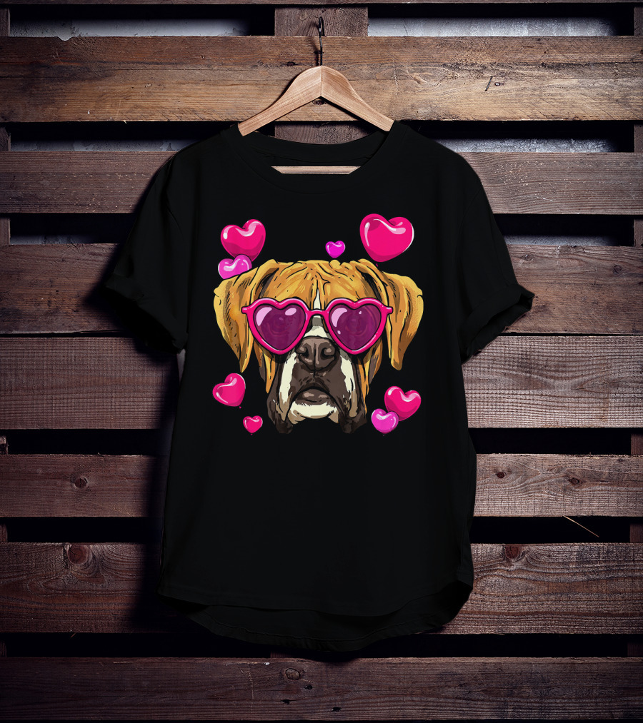 Boxer Dog With Heart Glasses Surrounded By Pink Valentine Hearts T-Shirt