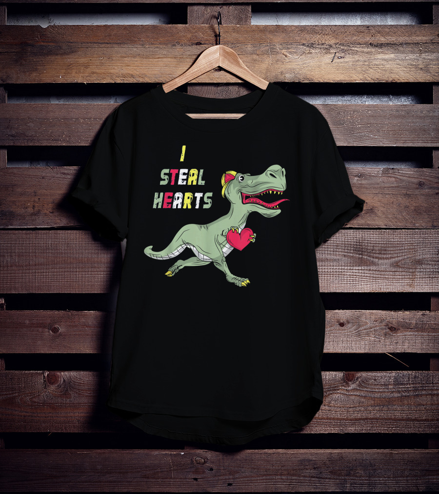 I Steal Hearts Dinosaur Holding Red Heart T-Shirt
