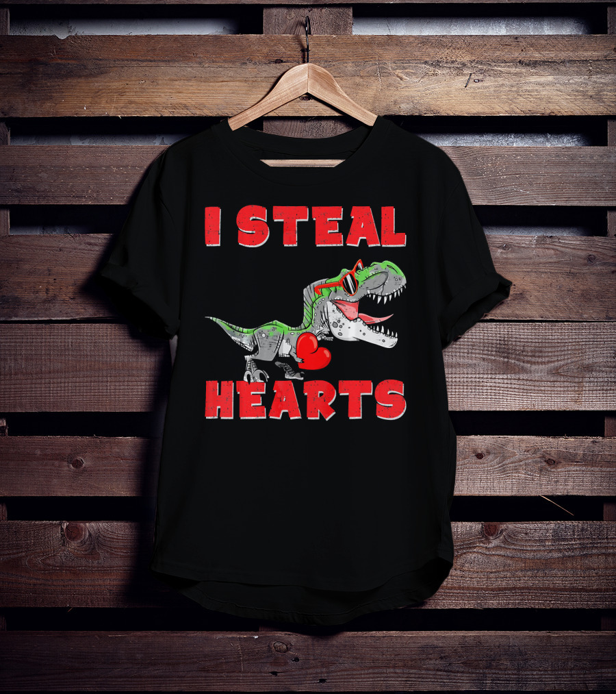 I Steal Hearts Boys Valentines Day Kids Dinosaur Trex T-Shirt