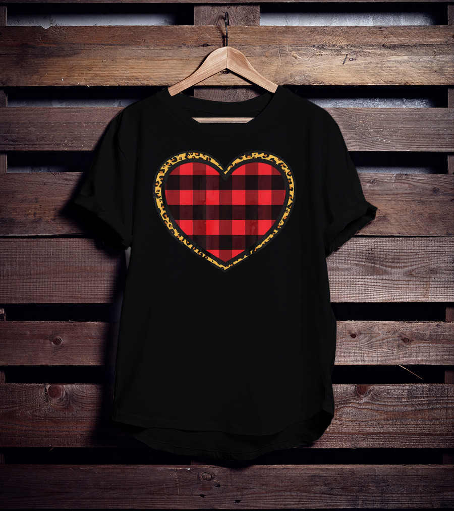 Buffalo Plaid And Leopard Print Heart T-Shirt