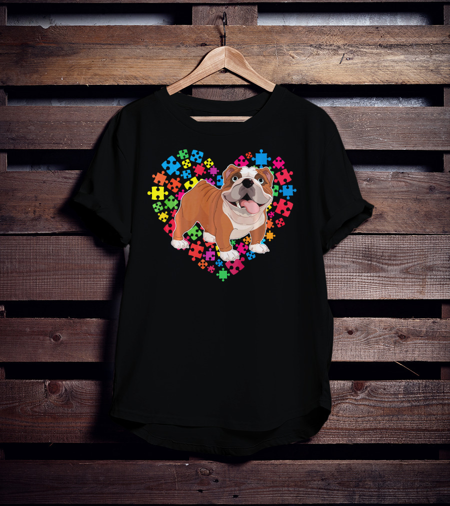 Bulldog Valentine Heart With Colorful Puzzle Pieces Background T-Shirt