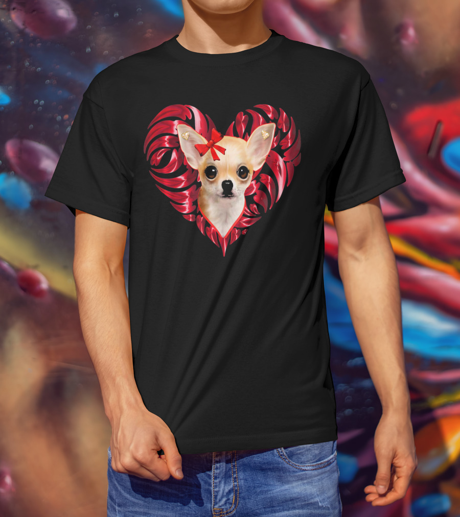 Chihuahua Dog Valentine Heart With Bow And Swirls T-Shirt