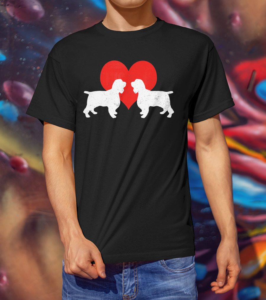 Couple English Springer Spaniel Dogs With Red Heart T-Shirt