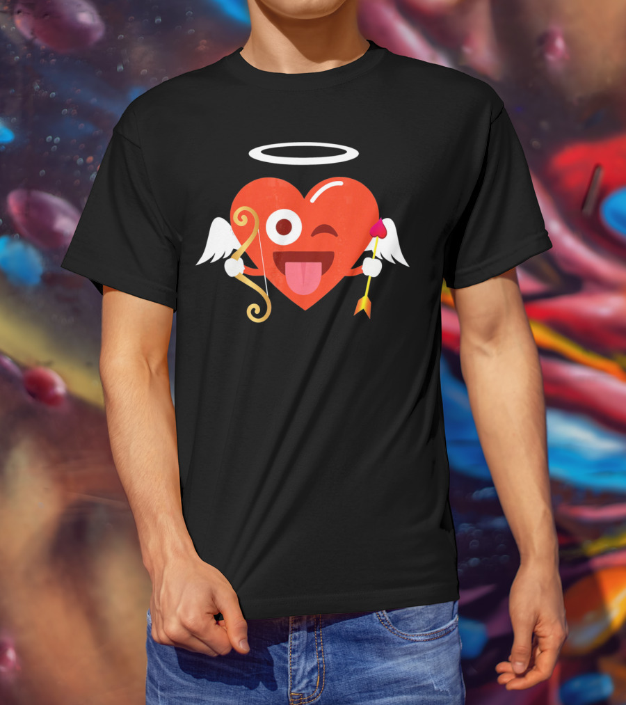 Cupid Heart Emoji Halo Wink Tongue Out Bow Arrow T-Shirt