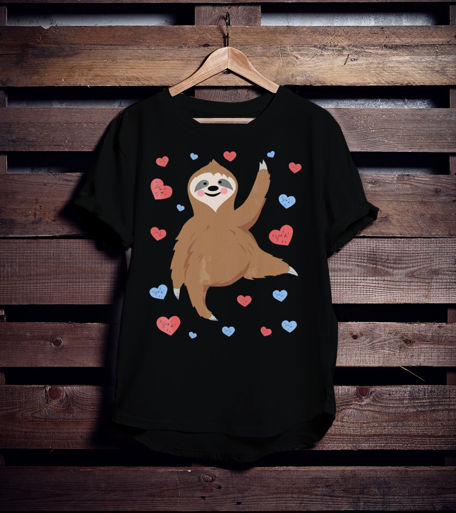 Cute Cuddly Sloth Surrounded By Red And Blue Hearts Valentine's Day T-Shirt