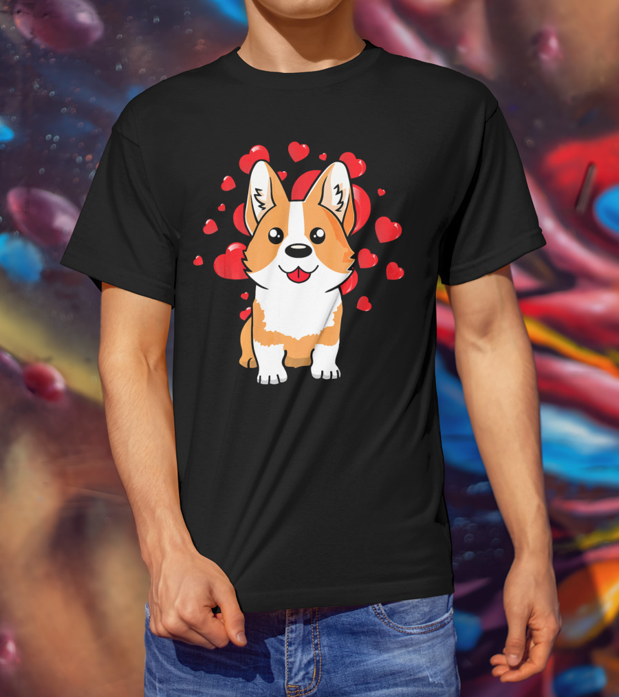 Corgi With Love Hearts Valentines Day Cute Dog T-Shirt
