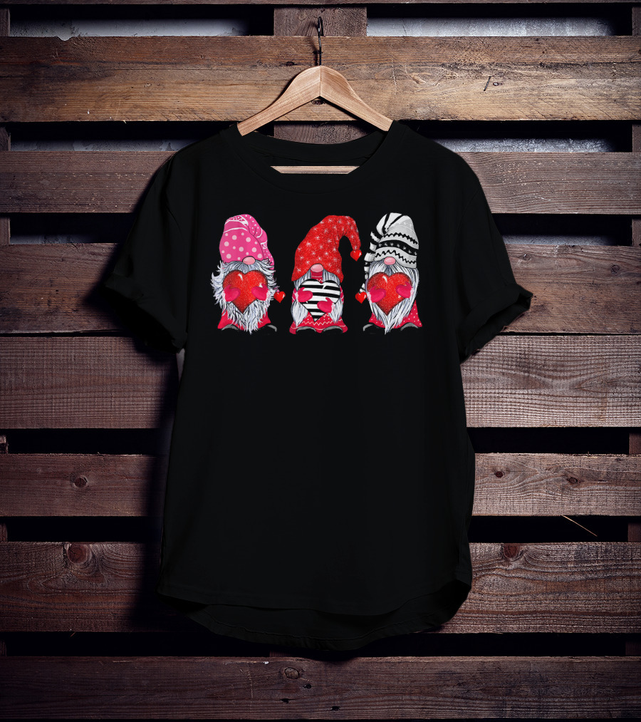 Cute Gnomes Valentine's Couple Heart Match Striped Red Hat Polka Dot T-Shirt