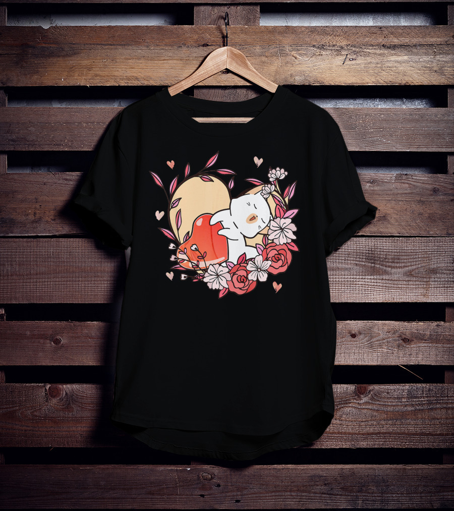 Cute Kawaii Cat Hugging Heart Surrounded By Valentines Day Flowers T-Shirt