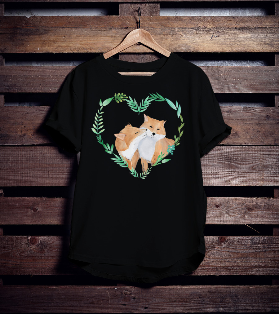 Cute Love Foxes Valentines Day Heart Greenery T-Shirt