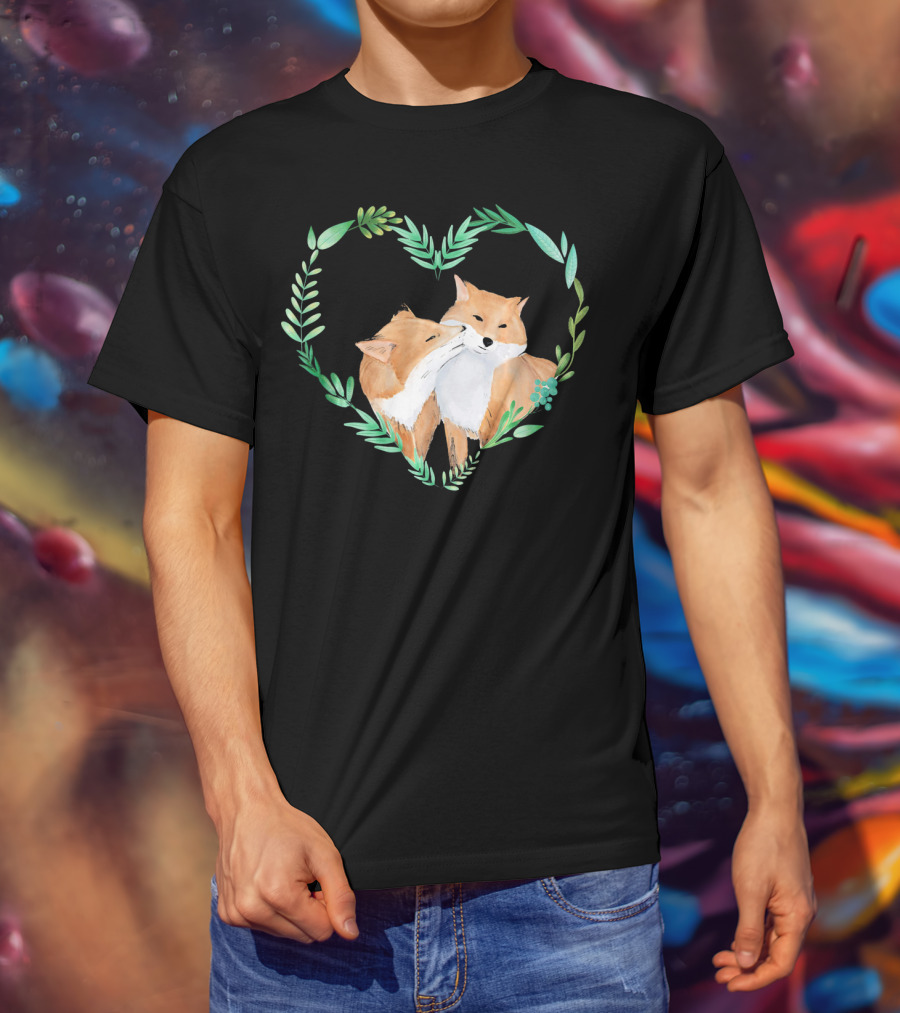 Cute Love Foxes Valentines Day Heart Greenery T-Shirt