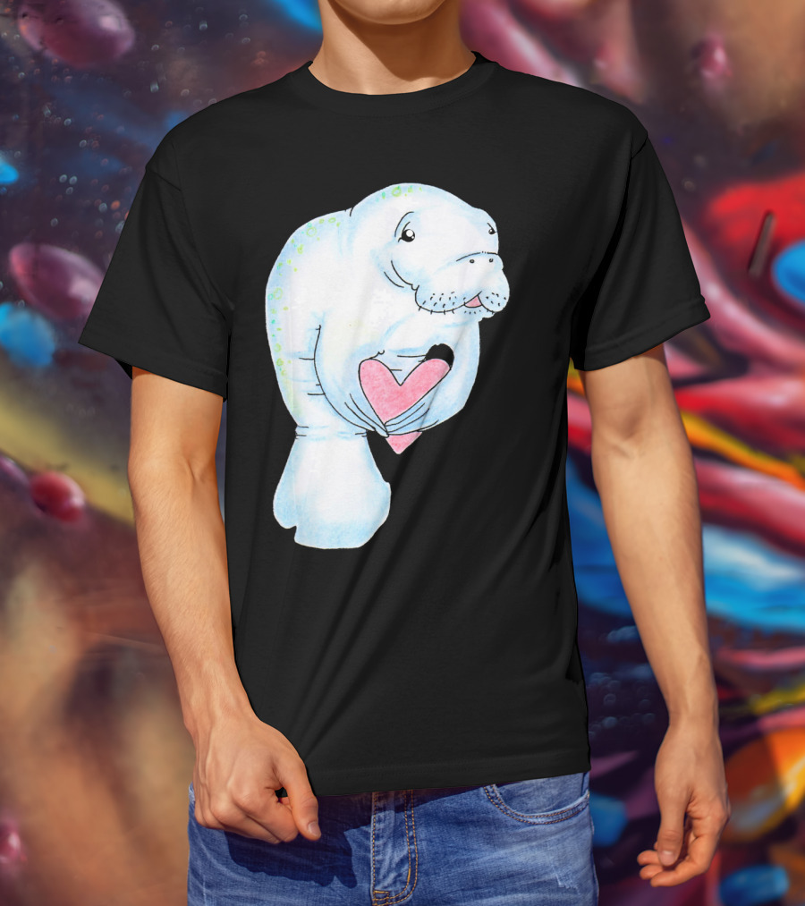 Manatee Holding Heart Valentines Day T-Shirt