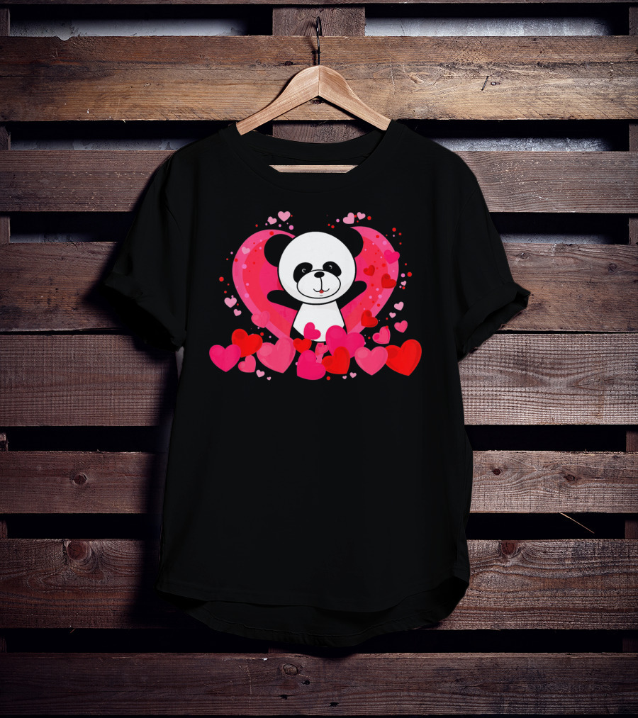 Cute Panda Surrounded By Pink And Red Hearts With Large Heart Background T-Shirt