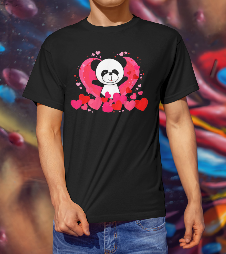 Cute Panda Surrounded By Pink And Red Hearts With Large Heart Background T-Shirt