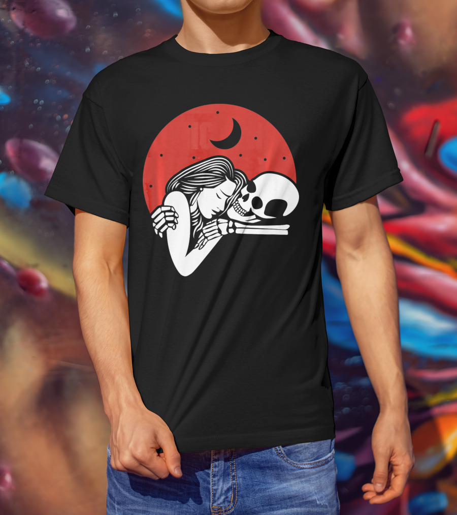 Cute Skeleton Romantic Valentines Moon Embrace T-Shirt