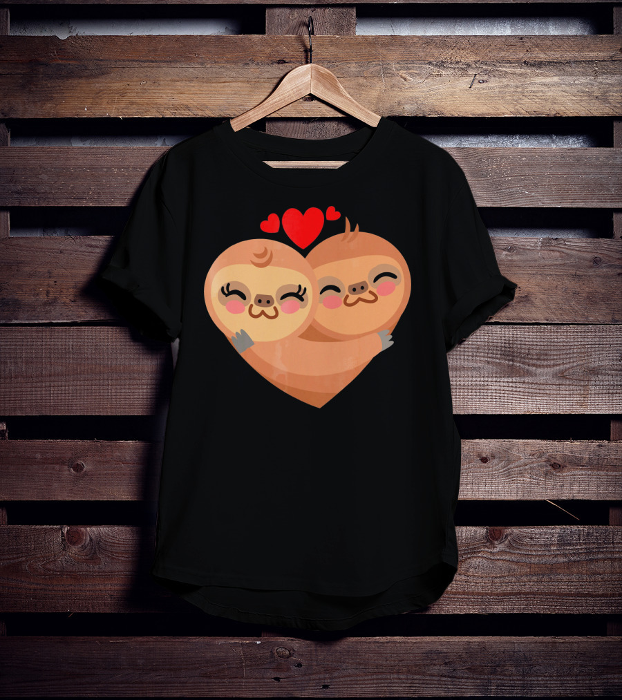 Cute Sloth Love Heart Valentines Pair With Red Hearts T-Shirt