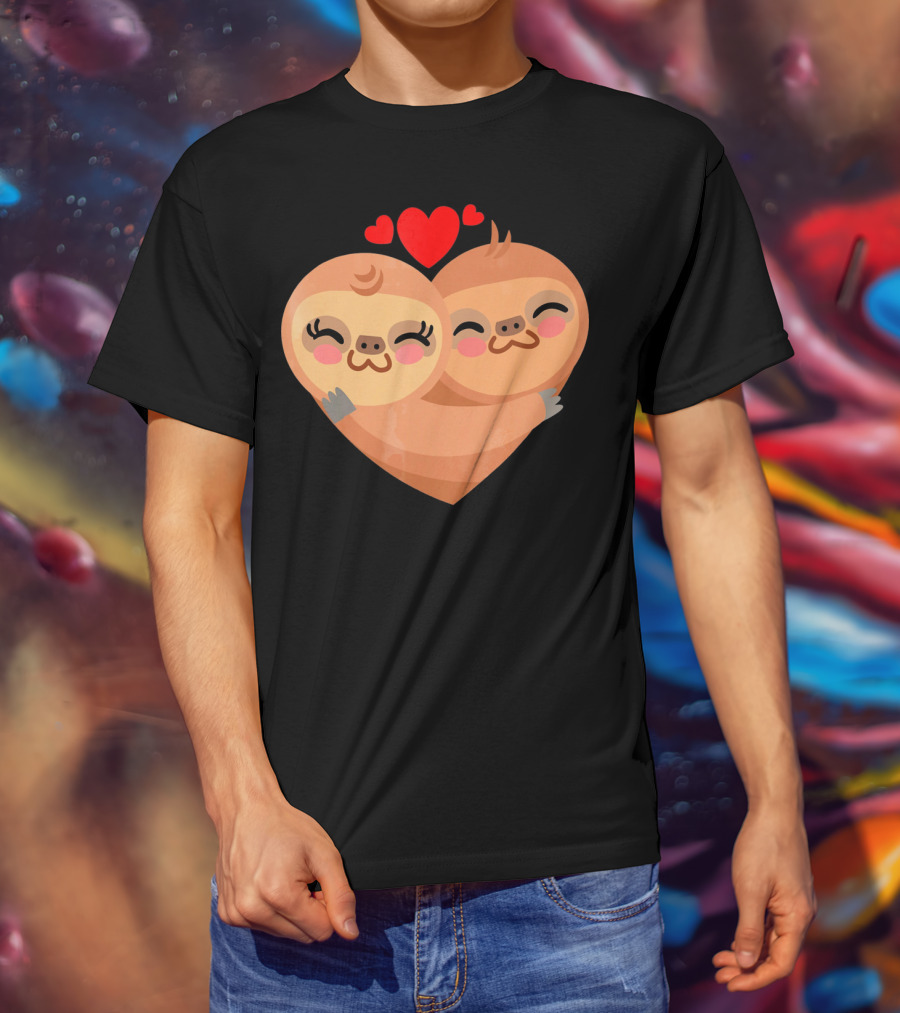 Cute Sloth Love Heart Valentines Pair With Red Hearts T-Shirt
