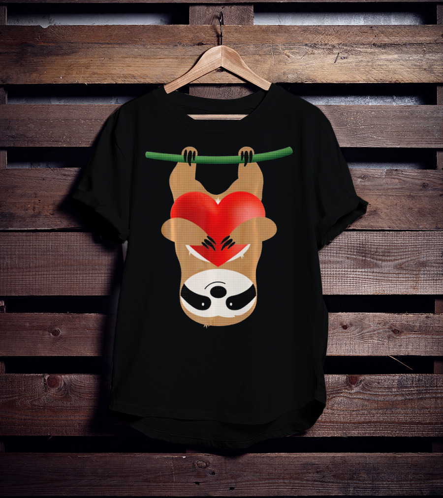 Cute Upside Down Sloth Hugging Red Heart Valentines Love T-Shirt