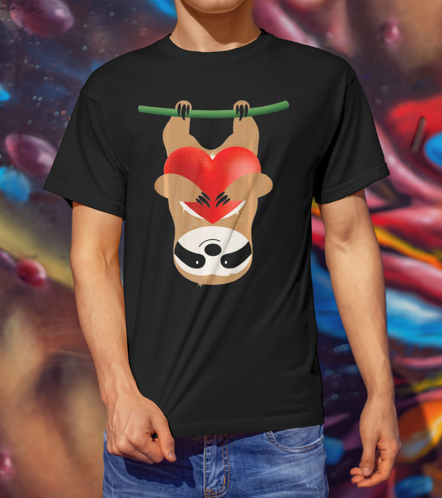 Cute Upside Down Sloth Hugging Red Heart Valentines Love T-Shirt