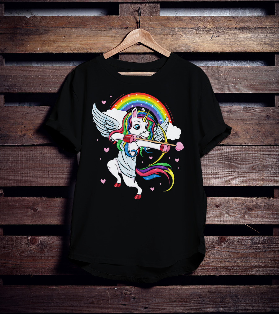 Cute Unicorn Cupid Rainbow Valentines Day Heart Girls T-Shirt
