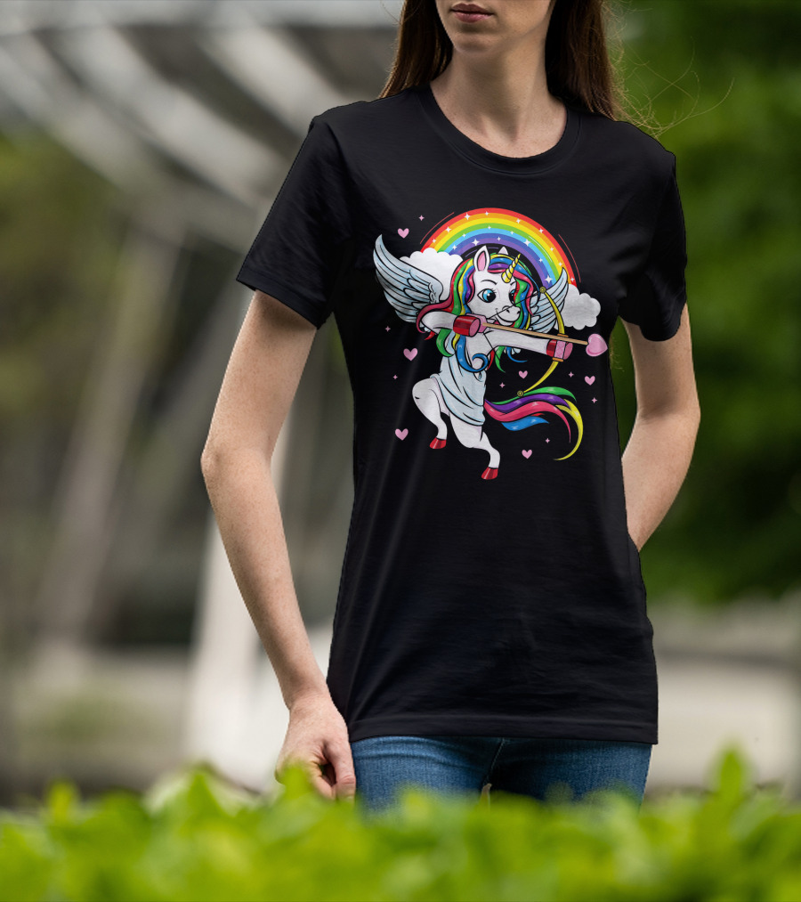 Cute Unicorn Cupid Rainbow Valentines Day Heart Girls T-Shirt