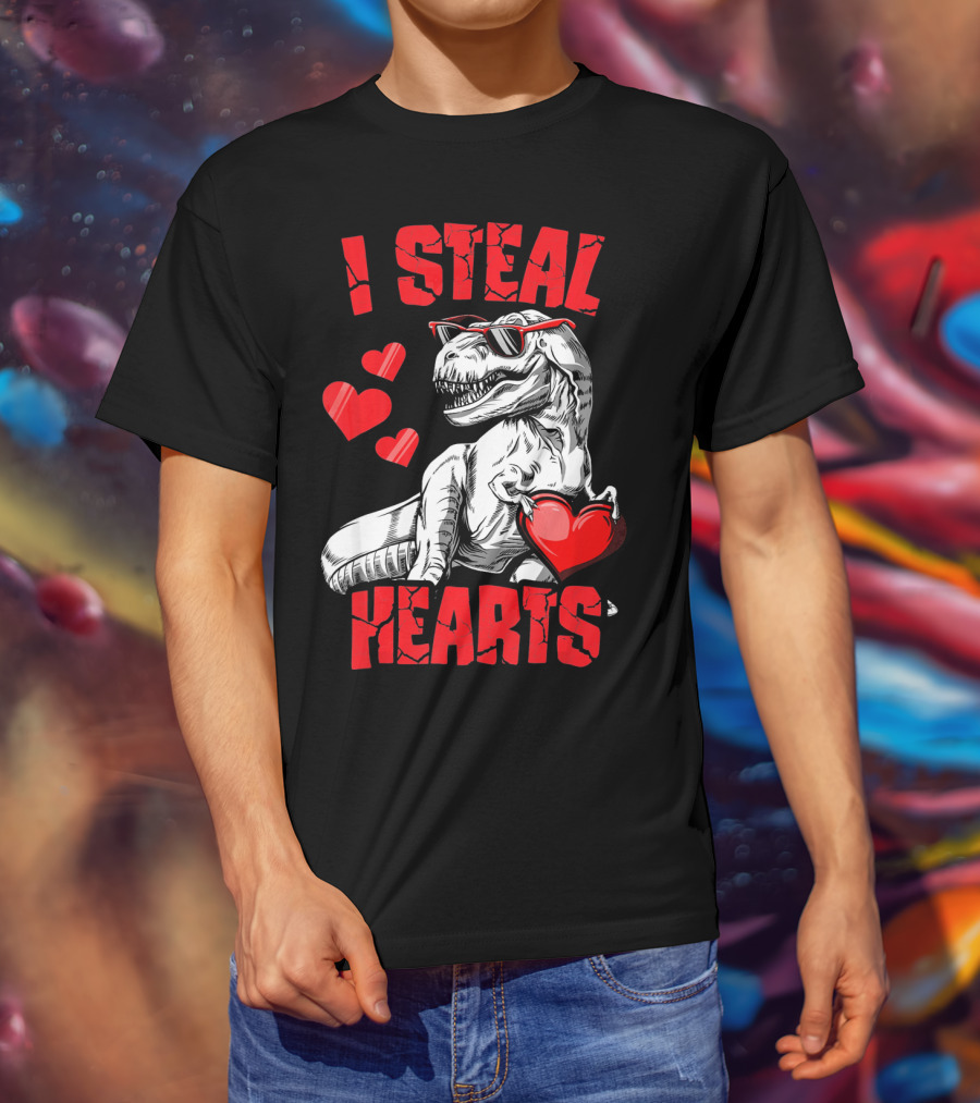 I Steal Hearts Boys Valentines Day Kids Dinosaur T-Shirt
