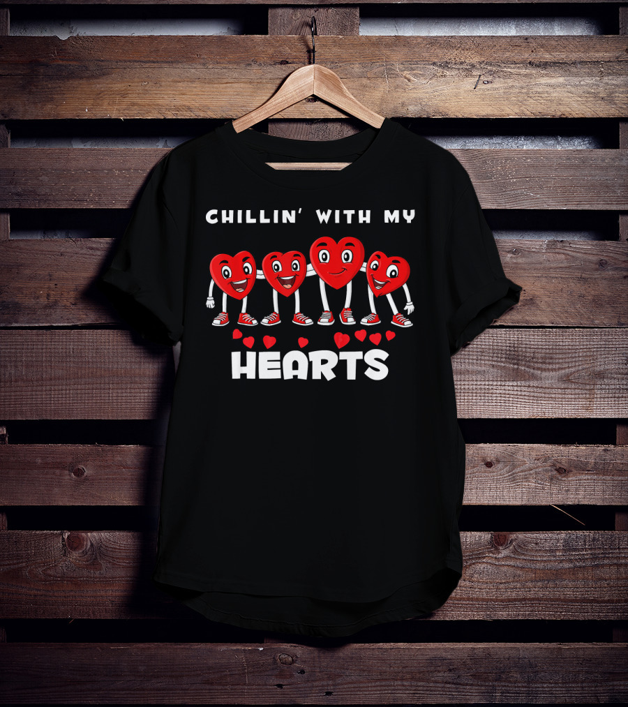 Chillin' With My Hearts Valentines Day With Smiling Heart Characters T-Shirt
