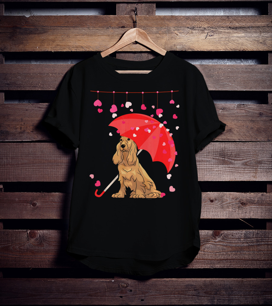 Cocker Spaniel Under Red Umbrella With Falling Hearts Valentines T-Shirt