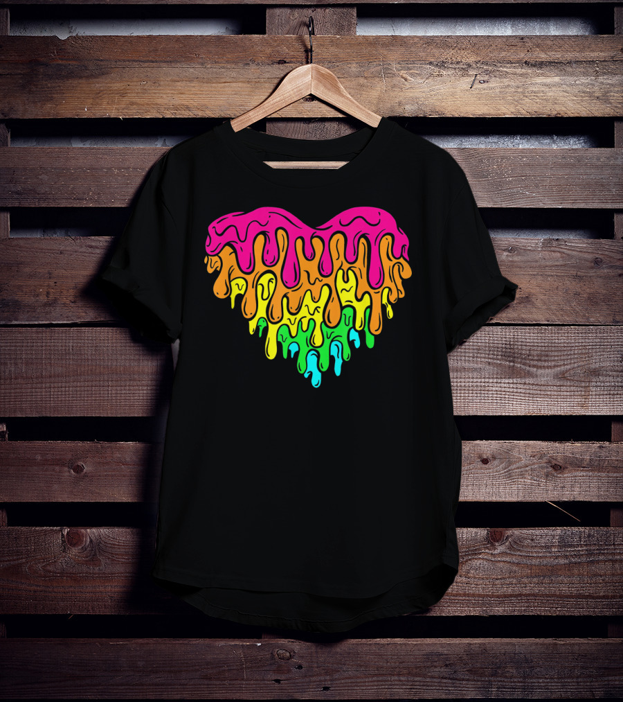 Cool Retro 80s Neon Dripping Rainbow Valentines Day Heart T-Shirt