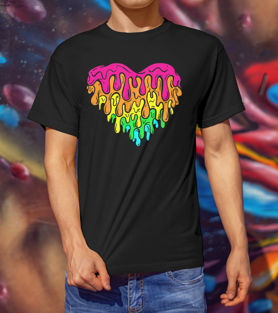 Cool Retro 80s Neon Dripping Rainbow Valentines Day Heart T-Shirt