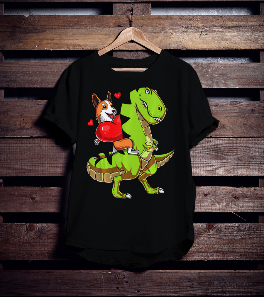 Corgi Dog Riding T-Rex Dinosaur With Hearts Valentin T-Shirt