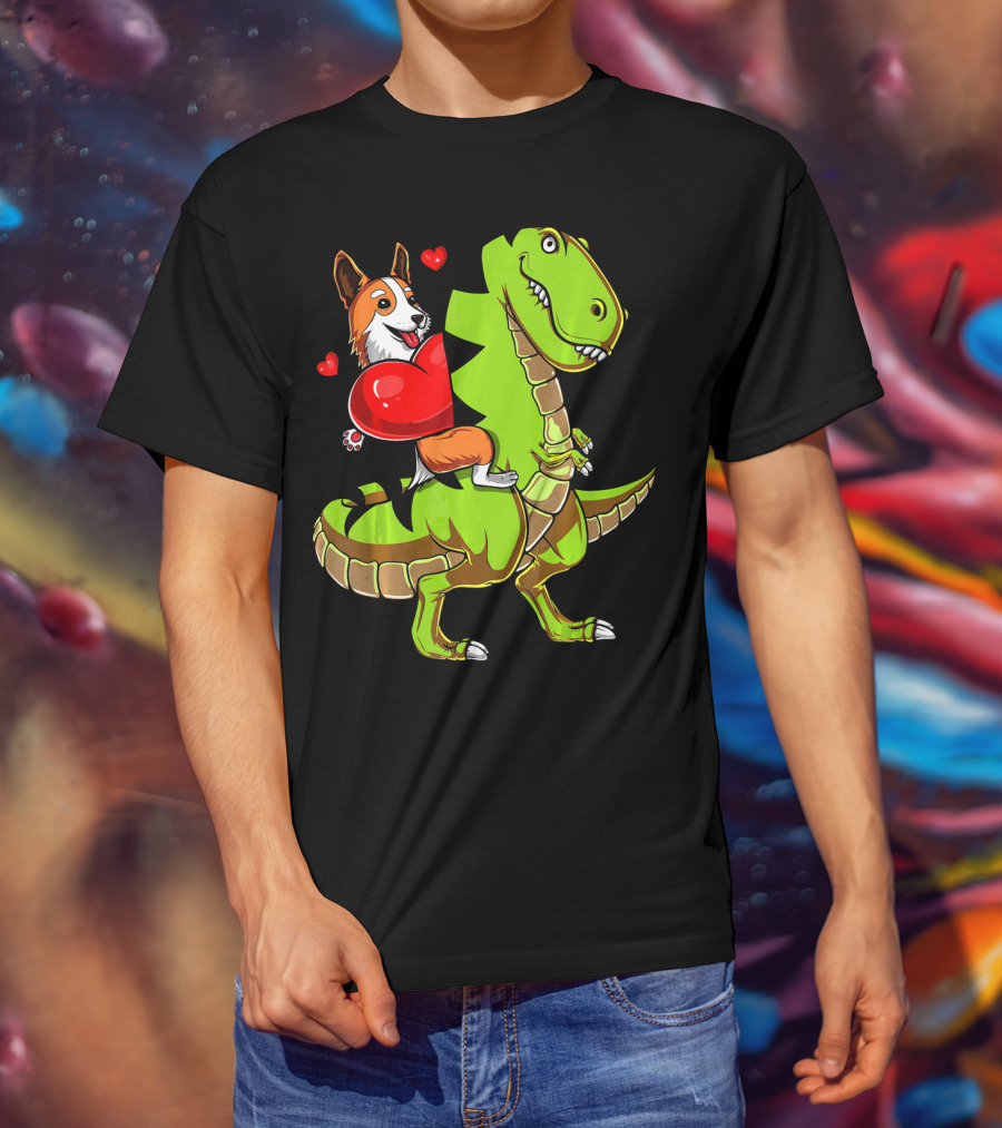 Corgi Dog Riding T-Rex Dinosaur With Hearts Valentin T-Shirt