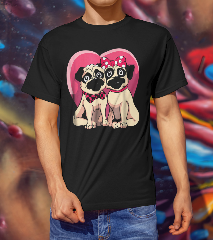 Cute Pug Valentine Puppy Love Co Heart Bow Tie Bow T-Shirt
