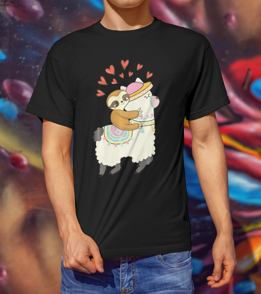 Cute Sloth Riding Llama Heart Va Love Llama Adventure T-Shirt