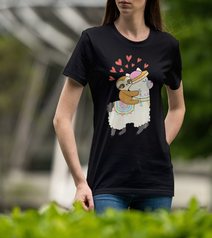 Cute Sloth Riding Llama Heart Va Love Llama Adventure T-Shirt