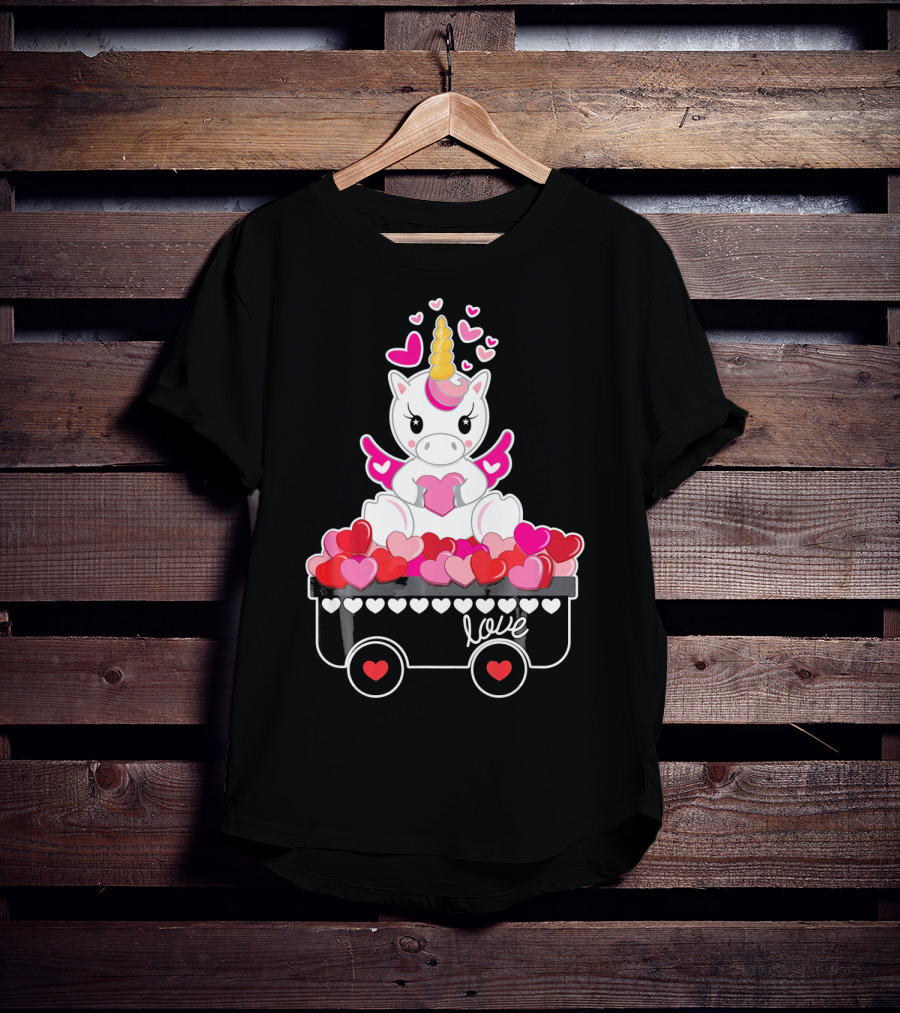 Valentines Day Unicorn Love Wagon With Hearts T-Shirt