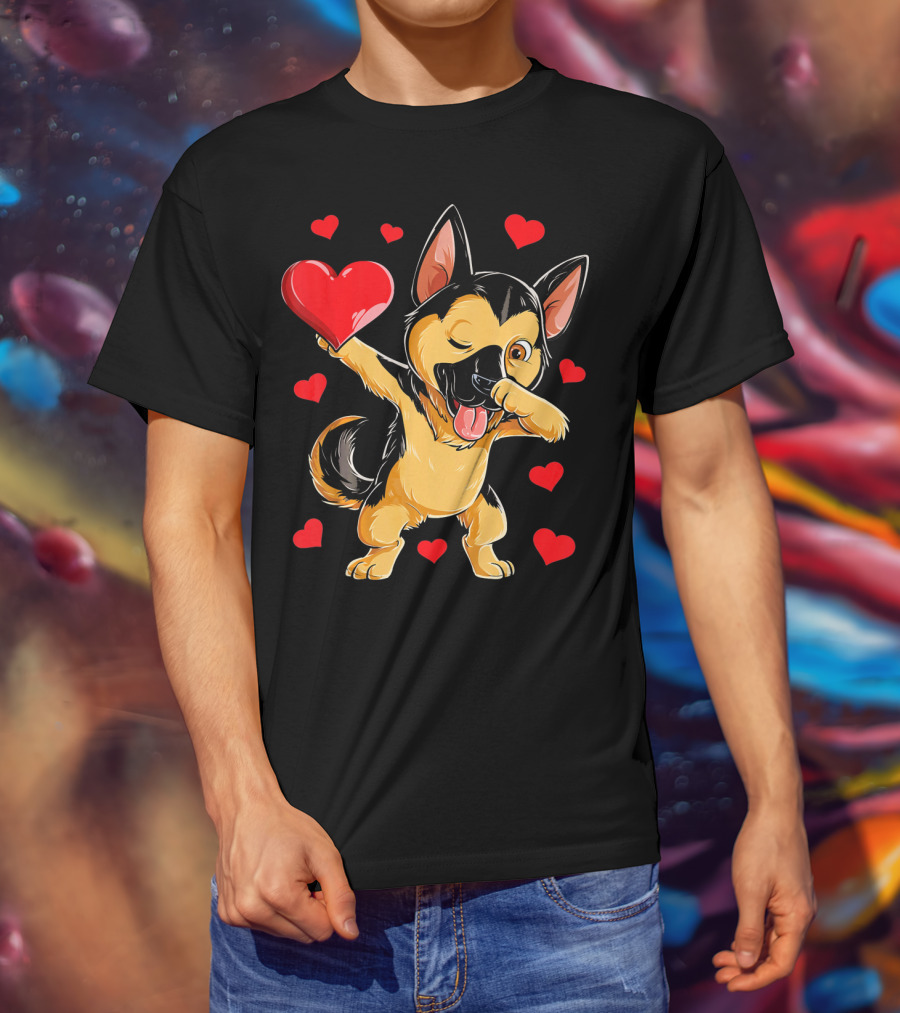 Valentines Day Dabbing German Shepherd With Hearts T-Shirt