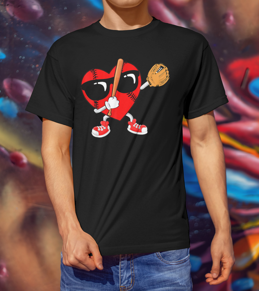 Dabbing Heart Baseball Love Valentines Sunglasses And Sneakers T-Shirt
