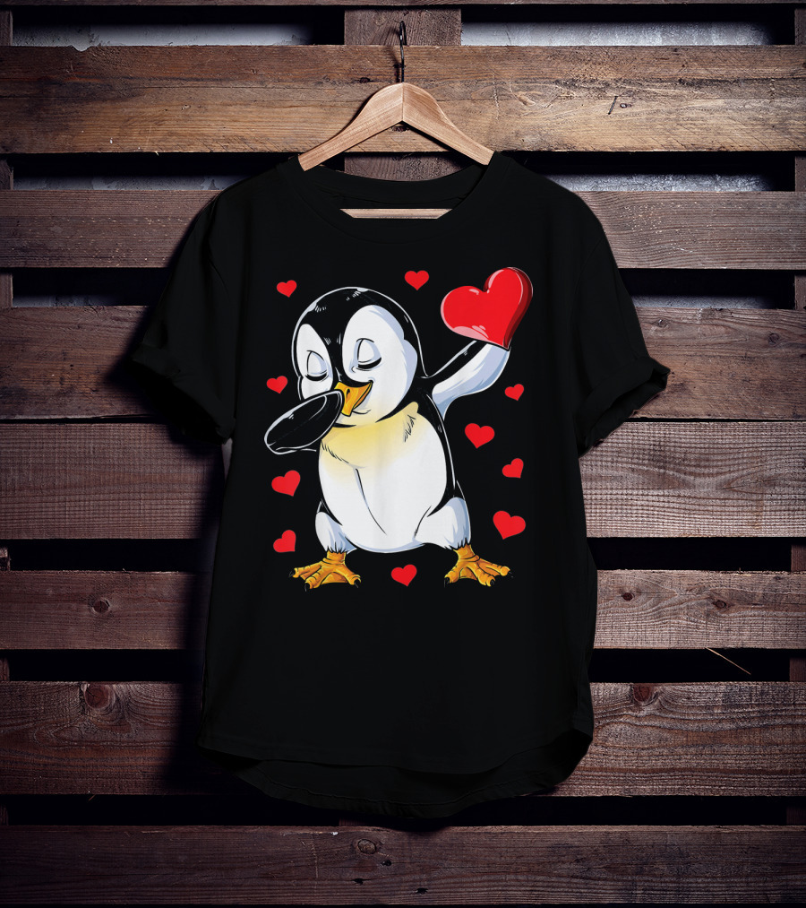 Valentines Dabbing Penguin With Heart Surrounded By Red Hearts T-Shirt