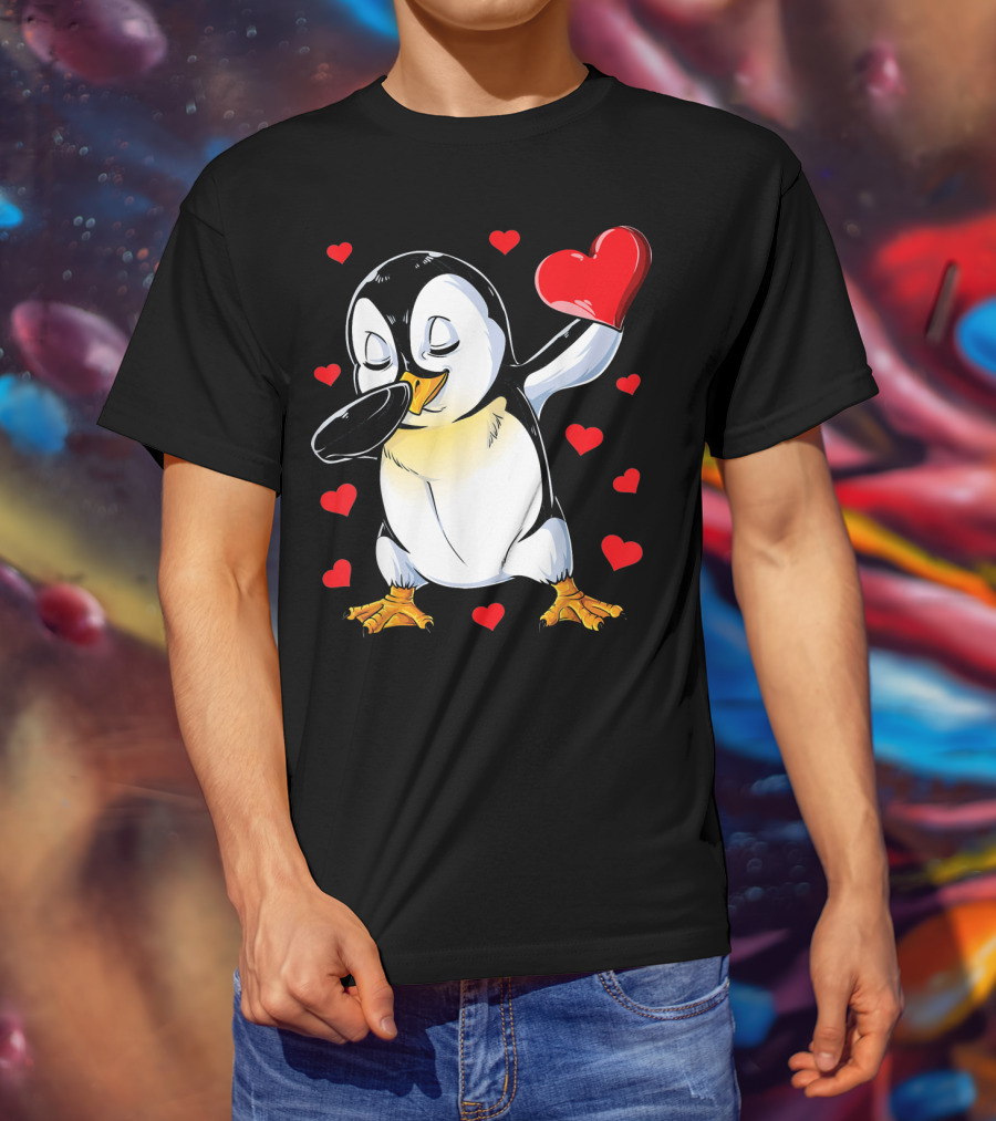 Valentines Dabbing Penguin With Heart Surrounded By Red Hearts T-Shirt
