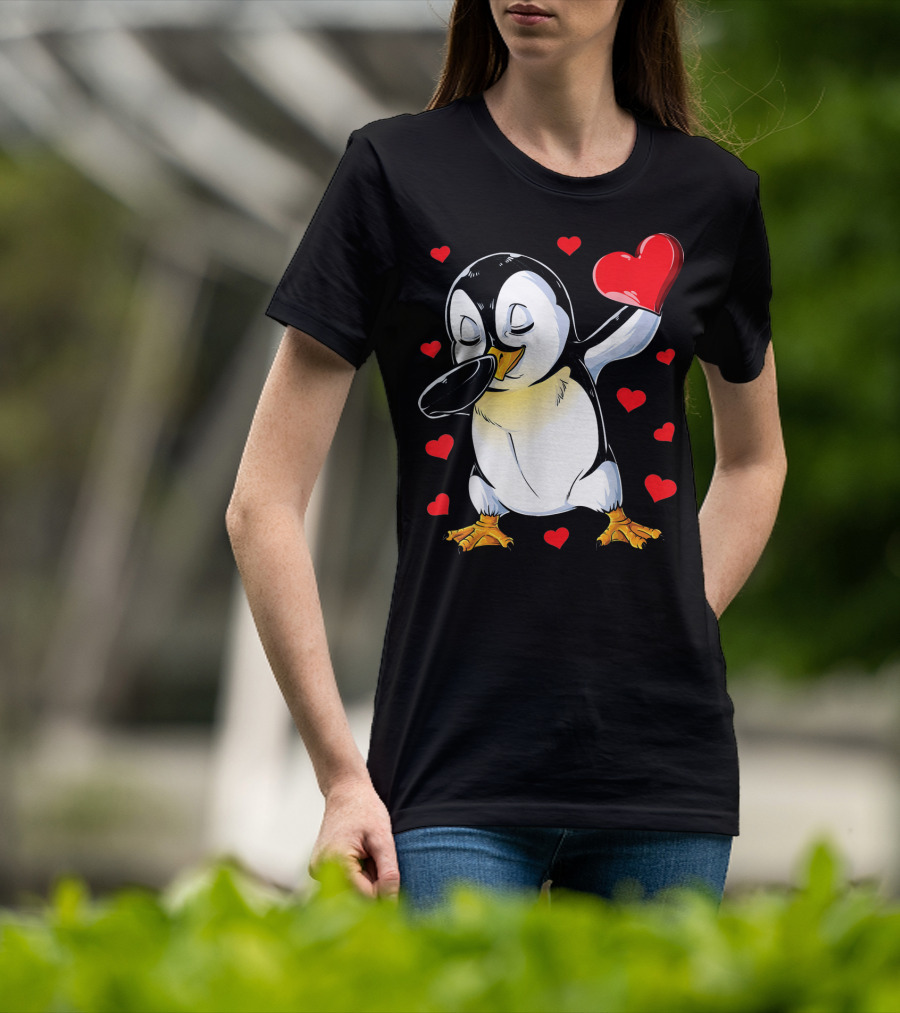 Valentines Dabbing Penguin With Heart Surrounded By Red Hearts T-Shirt
