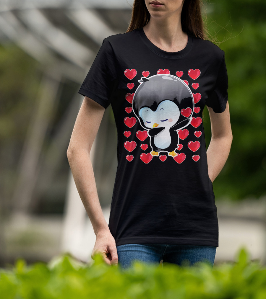Valentines Day Penguin Dabbing Surrounded By Hearts T-Shirt