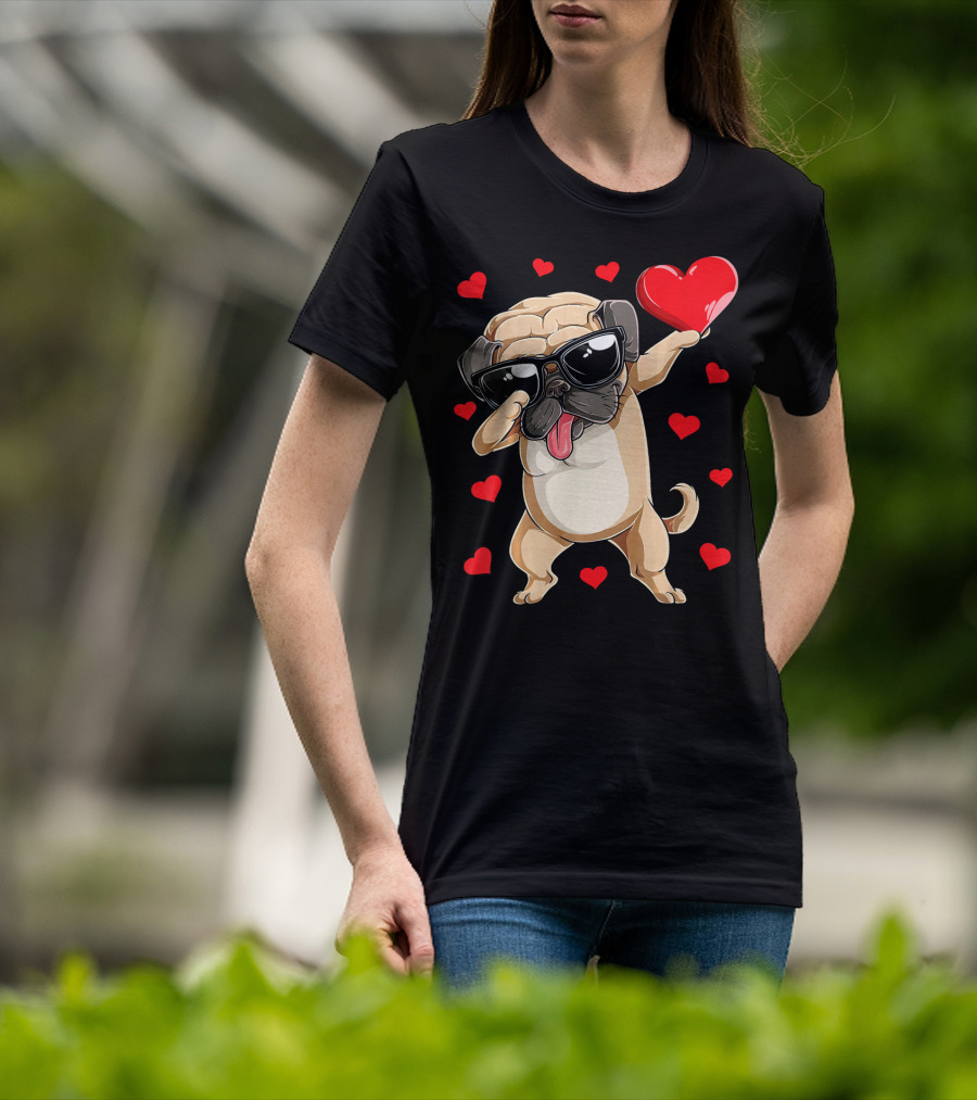 Dabbing Pug Holding Heart Surrounded By Red Hearts Valentines Day T-Shirt