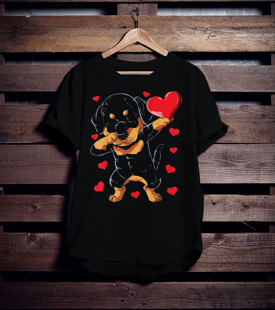 Dabbing Rottweiler Heart Valentine With Red Hearts T-Shirt