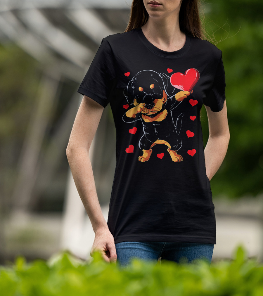 Dabbing Rottweiler Heart Valentine With Red Hearts T-Shirt