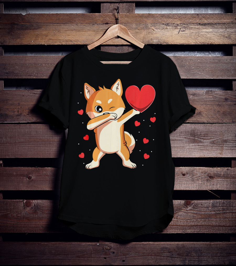 Dabbing Shiba Inu Holding Heart Valentine’s Day Dog With Hearts T-Shirt