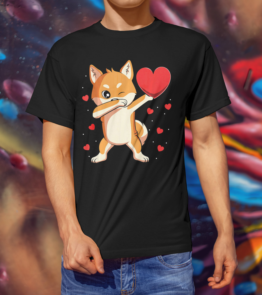 Dabbing Shiba Inu Holding Heart Valentine’s Day Dog With Hearts T-Shirt