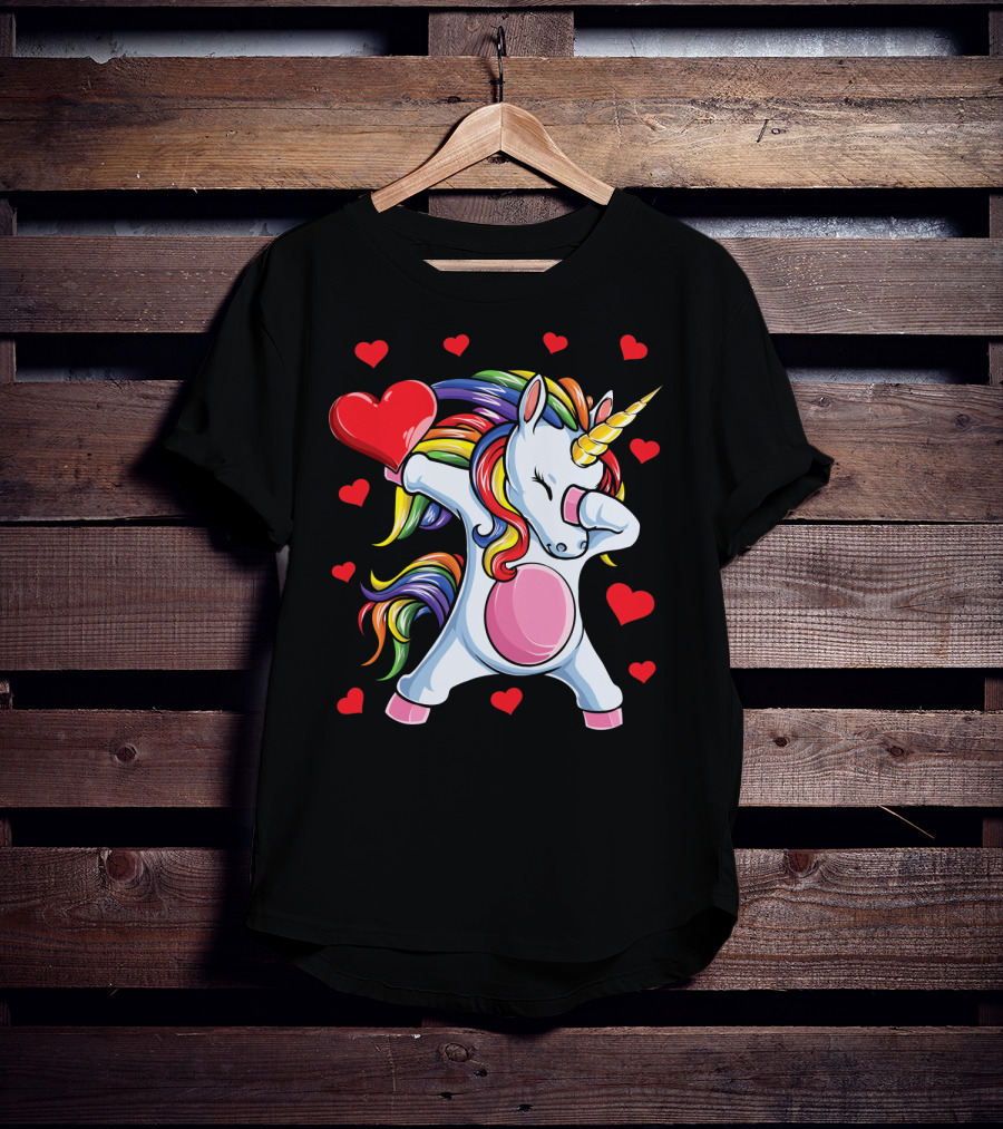 Rainbow Dabbing Unicorn With Hearts Valentine's T-Shirt