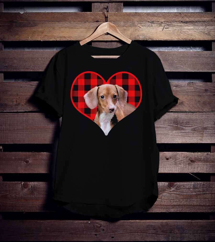 Dachshund In Red Plaid Heart Valentine's Day T-Shirt